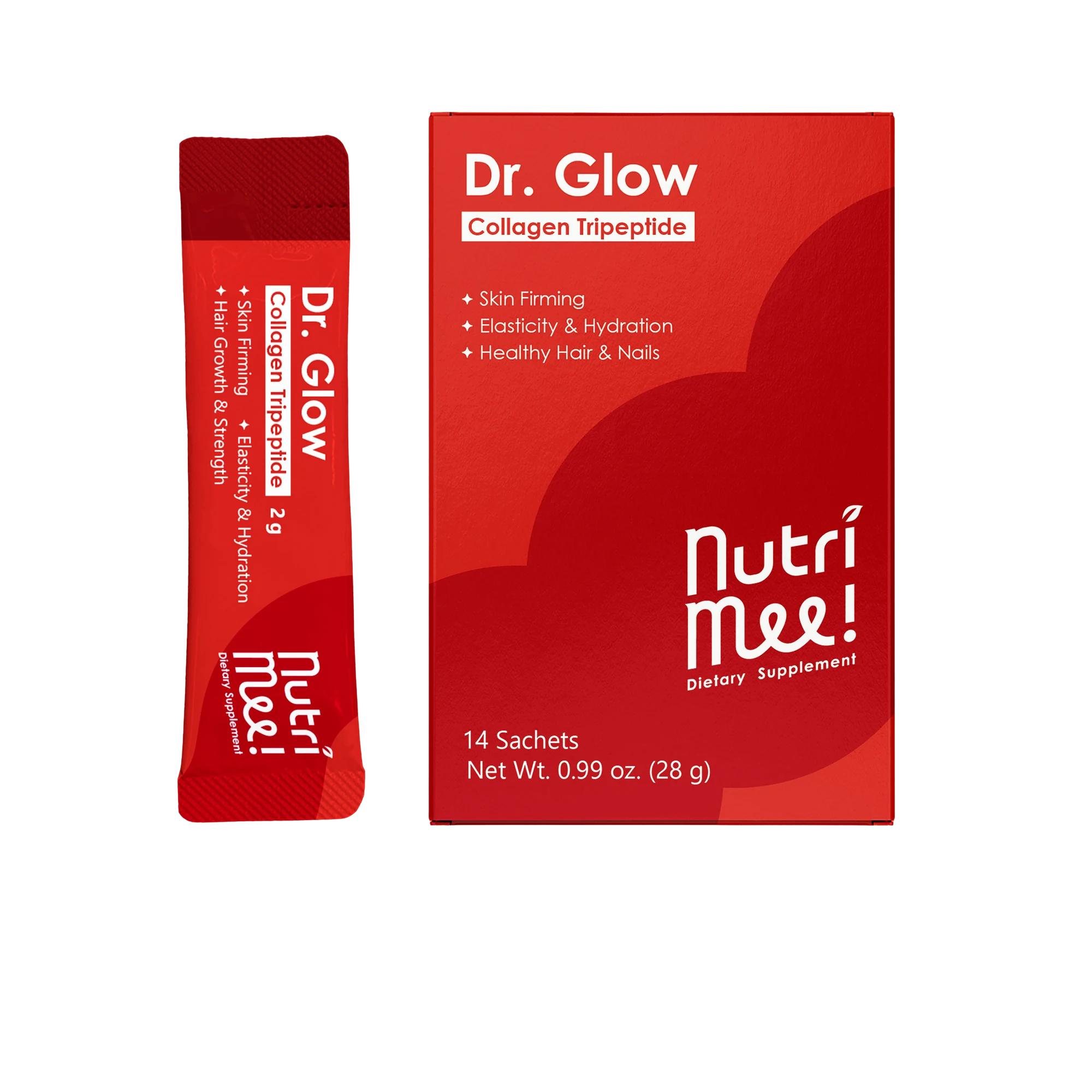 Dr. Glow pomegranate collagen tripeptide supplement box and sachet